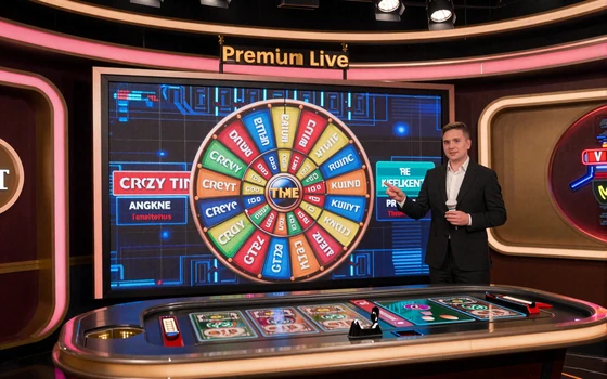 Crazy Time Live Casino Gameshow mit buntem Gl&uuml;cksrad und professionellem Host