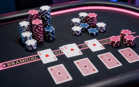 Online Poker Texas Holdem Tisch mit Karten und Chips im Neon-Cyberpunk-Stil