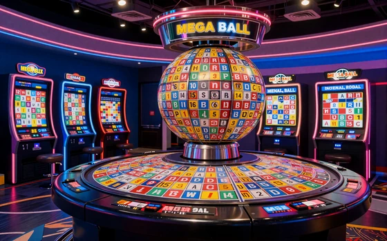 Mega Ball Live Gameshow mit riesiger Lotterie-Maschine und bunten Bingo-Karten