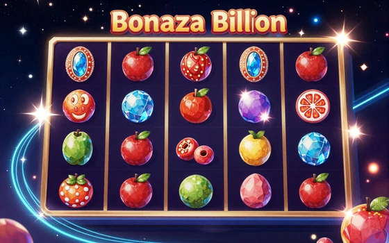 Bonanza Billion Slot mit bunten Fr&uuml;chten und kosmischem Neon-Design